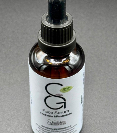 Face Serum in a dark glass bottle with pipette for easy and accurate measurements. Wrap around waterproof pale label